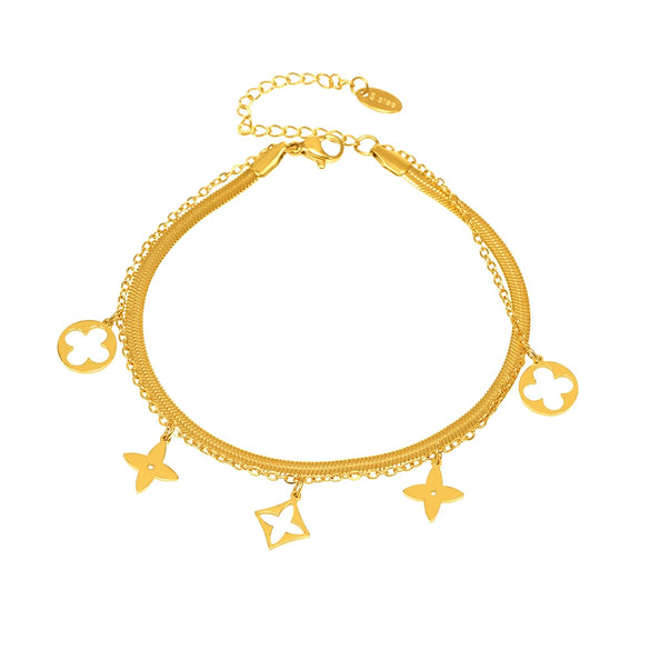Wholesale Fashion Blade Chain Double Layer Four Leaf Flower Geometric Stainless Steel Anklet For Women