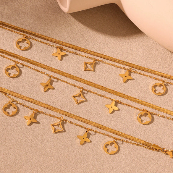 Wholesale Fashion Blade Chain Double Layer Four Leaf Flower Geometric Stainless Steel Anklet For Women