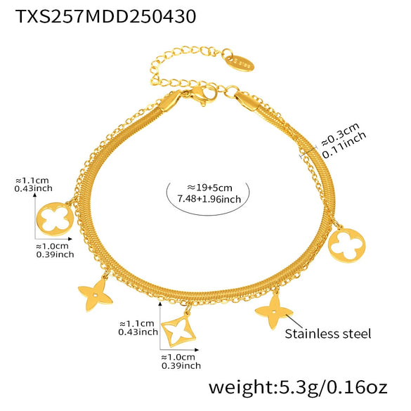 Wholesale Fashion Blade Chain Double Layer Four Leaf Flower Geometric Stainless Steel Anklet For Women