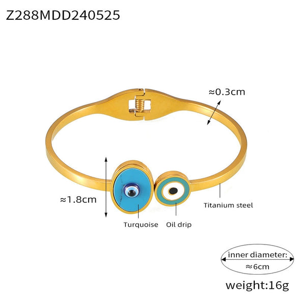 Wholesale Fashion Blue Eye Pattern Round Titanium Steel Goldplated Spring Bracelet Jewelry