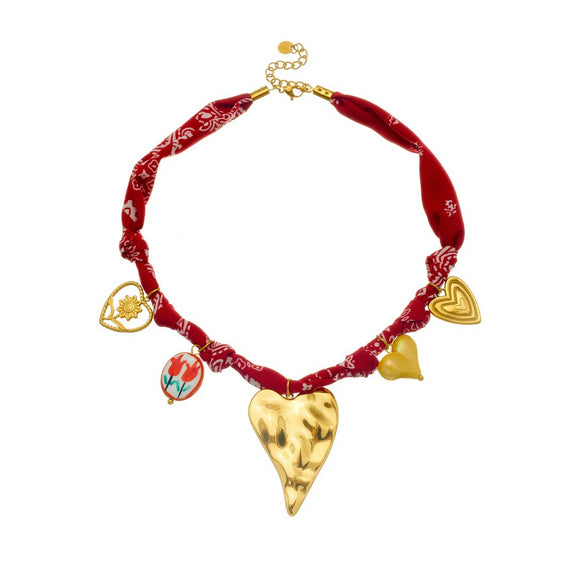 Wholesale Fashion Bohemian Style Fabric Silk Scarf With Electroplated Stainless Steel Heart Water Drop Bell Shaped Pendant Necklace And Bracelet Set For Women