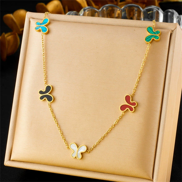 Wholesale Fashion Butterfly Insect Pattern Stainless Steel Earrings And Necklace Suit With Electroplating Design