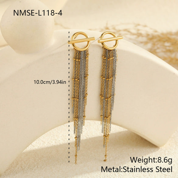 Wholesale Fashion Colorblocked Tassel Long Stainless Steel Earrings For Women 18K Electroplated