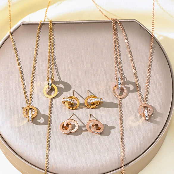 Wholesale Fashion Colorfree Light Luxury Titanium Steel Women's Jewelry Set With Cross Crown And Roman Numerals Electroplated Design