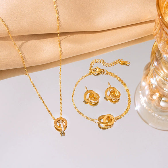 Wholesale Fashion Colorfree Light Luxury Titanium Steel Women's Jewelry Set With Cross Crown And Roman Numerals Electroplated Design