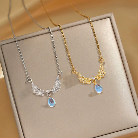 Wholesale Fashion Colorful Gem Geometric Angel Wings Titanium Steel And Copper Necklace For Women