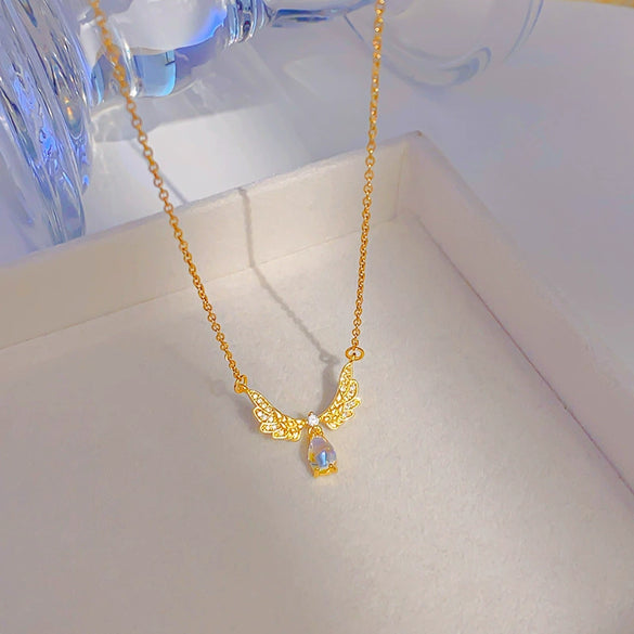 Wholesale Fashion Colorful Gem Geometric Angel Wings Titanium Steel And Copper Necklace For Women