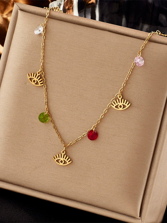 Wholesale Fashion Creative Colorful Beaded Oval Hollow Eye Geometric Titanium Steel Chain Necklace With Electroplating