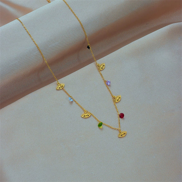 Wholesale Fashion Creative Colorful Beaded Oval Hollow Eye Geometric Titanium Steel Chain Necklace With Electroplating