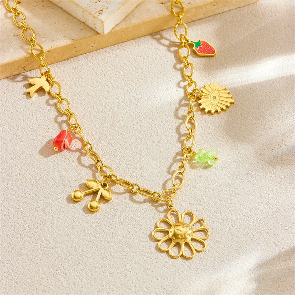 Wholesale Fashion Creative Multielement Stainless Steel Flower Pendant O Word Chain Necklace With Electroplating