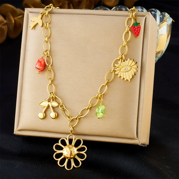 Wholesale Fashion Creative Multielement Stainless Steel Flower Pendant O Word Chain Necklace With Electroplating