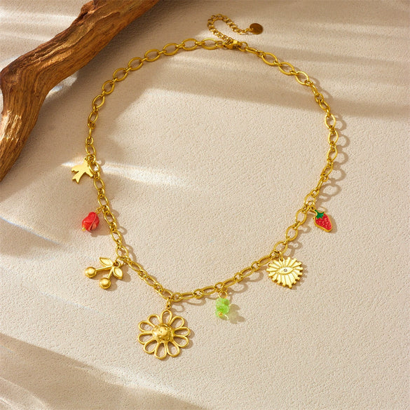 Wholesale Fashion Creative Multielement Stainless Steel Flower Pendant O Word Chain Necklace With Electroplating