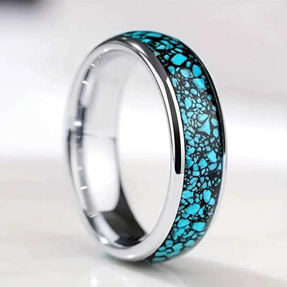 Wholesale Fashion Creative Silver Blue Background Patch Stainless Steel Ring With Geometric Style And Electroplating Treatment