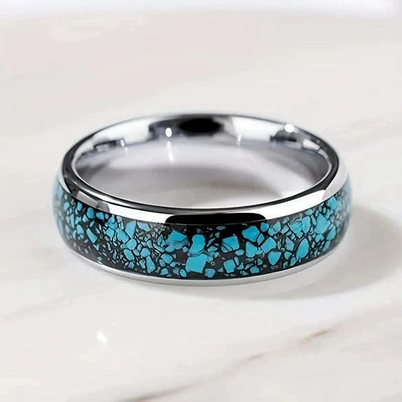 Wholesale Fashion Creative Silver Blue Background Patch Stainless Steel Ring With Geometric Style And Electroplating Treatment