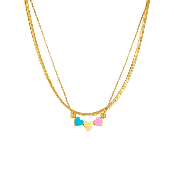 Wholesale Fashion Creative Stylish Double Layer Stacked Colorful Love Pendant Twist Chain Stainless Steel Necklace With Heart Shape And Electroplating