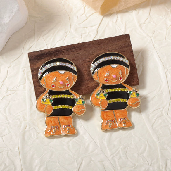 Wholesale Fashion Cute Cartoon Design Alloy Micro Zircon Gingerbread Earrings With Electroplating For Women