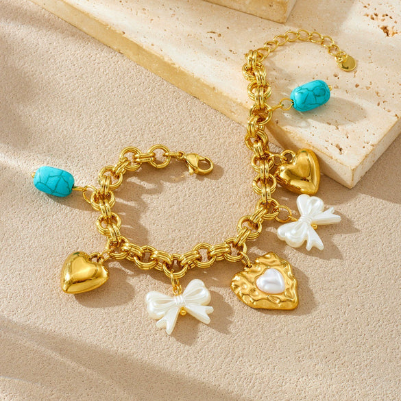 Wholesale Fashion Cute Cartoon Diy Pearl Heart Bow Tie Pendant Gold Plated Stainless Steel Bracelet For Women