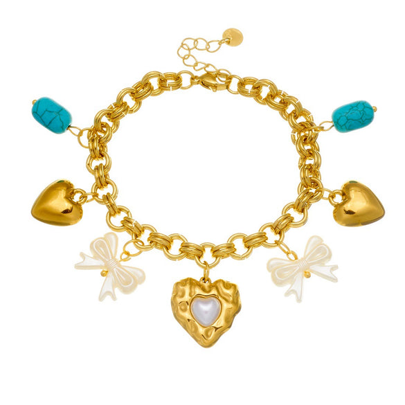 Wholesale Fashion Cute Cartoon Diy Pearl Heart Bow Tie Pendant Gold Plated Stainless Steel Bracelet For Women