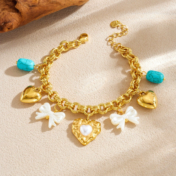 Wholesale Fashion Cute Cartoon Diy Pearl Heart Bow Tie Pendant Gold Plated Stainless Steel Bracelet For Women
