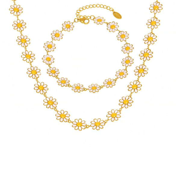 Wholesale Fashion Daisy Drop Oil Flower Stainless Steel Jewelry With Electroplating For Women Necklace And Bracelet Set