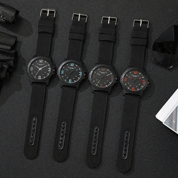 Wholesale Fashion Digital Men's Watch With Canvas Strap And Round Dial Metal Case Pin Buckle Ordinary Glass Mirror Leisure Style