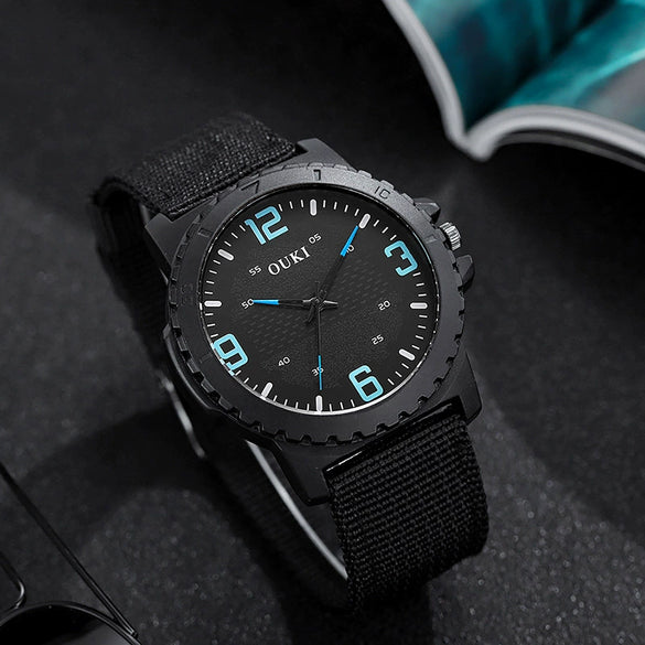 Wholesale Fashion Digital Men's Watch With Canvas Strap And Round Dial Metal Case Pin Buckle Ordinary Glass Mirror Leisure Style