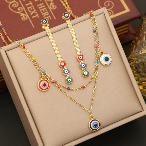 Wholesale Fashion Double Chain Stainless Steel Clavicle Chain Necklace With Dripping Oil Eyes Design
