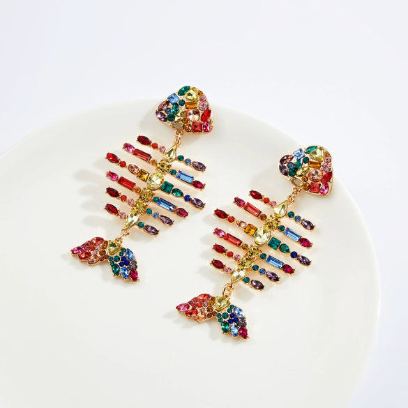 Wholesale Fashion Exaggerated Creative Acrylic Fishbone Colored Diamond Earrings
