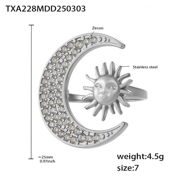 Wholesale Fashion Exquisite Creative Sun Moon Glow Inlaid Zircon Titanium Steel Ring And Clavicle Necklace With Electroplating