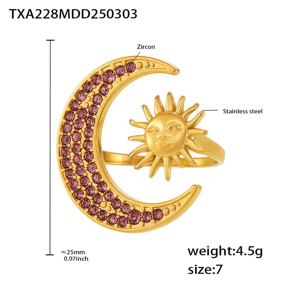 Wholesale Fashion Exquisite Creative Sun Moon Glow Inlaid Zircon Titanium Steel Ring And Clavicle Necklace With Electroplating