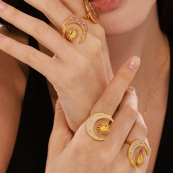 Wholesale Fashion Exquisite Creative Sun Moon Glow Inlaid Zircon Titanium Steel Ring And Clavicle Necklace With Electroplating