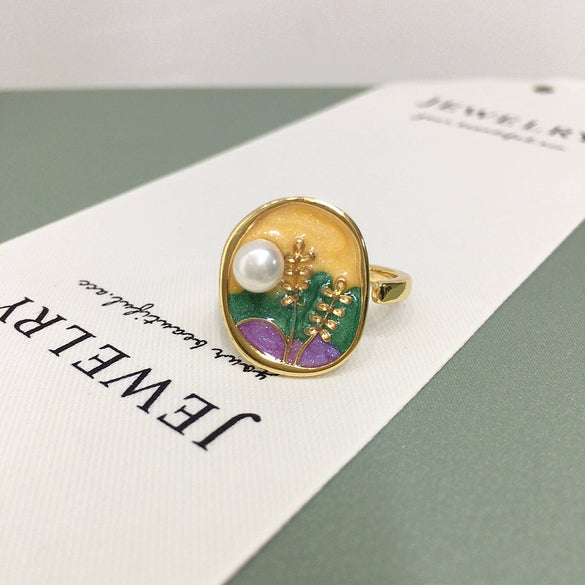 Wholesale Fashion Exquisite Retro Freshwater Pearl Ring With Oil Painting Style And Round Shape