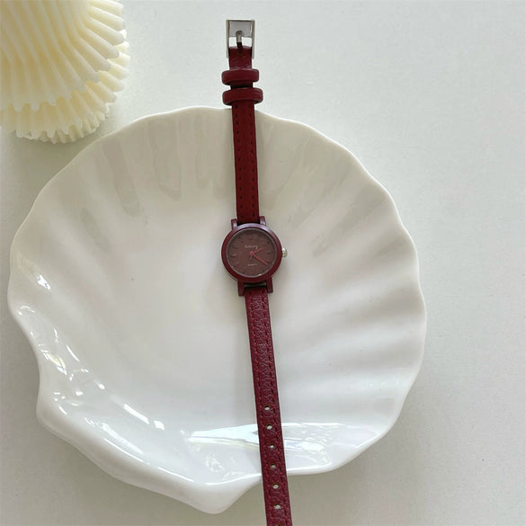 Wholesale Fashion Female Student Mini Dial Round Quartz Watch With Alloy Case And Pu Strap In Rose Red Candy Color