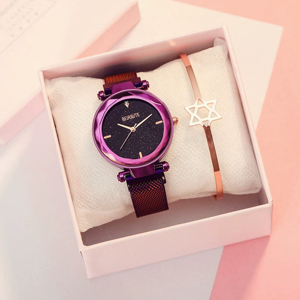 Wholesale Fashion Female Student Round Dial Alloy Case Stainless Steel Strap Star Pattern Watch