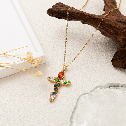 Wholesale Fashion Geometric Cross Necklace And Flower Bracelet Copper Electroplated Inlaid Zircon