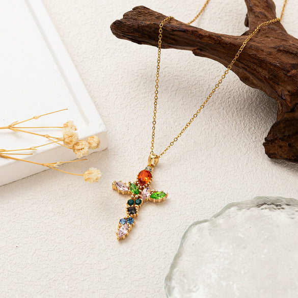 Wholesale Fashion Geometric Cross Necklace And Flower Bracelet Copper Electroplated Inlaid Zircon