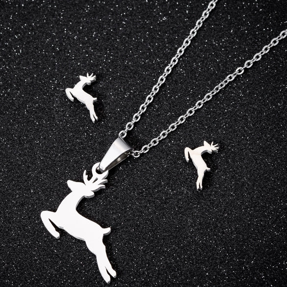 Wholesale Fashion Geometric Flying Deer Snowflake Feather Hollow Skull Stainless Steel Earrings Necklace With Electroplating For Women