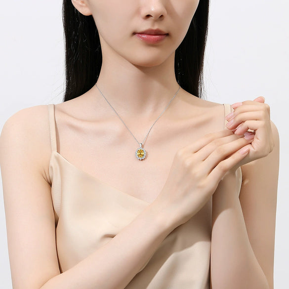 Wholesale Fashion Geometric Pigeon Egg Shaped Yellow Diamond 925 Sterling Silver Necklace With Floral Cut Zircon Pendant