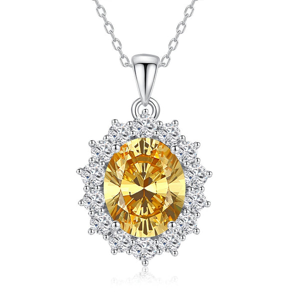 Wholesale Fashion Geometric Pigeon Egg Shaped Yellow Diamond 925 Sterling Silver Necklace With Floral Cut Zircon Pendant