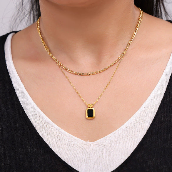Wholesale Fashion Geometric Square Acrylic And 316L Stainless Steel Double Stacked Pendant Necklace With Electroplating For Women
