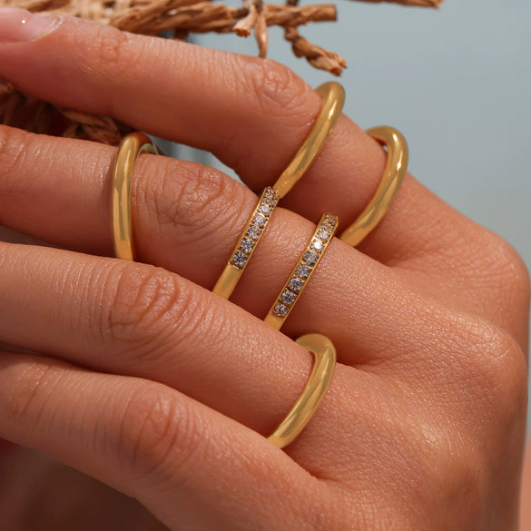 Wholesale Fashion Geometric Stainless Steel 18K Gold Plated Cnc Diamond Ring Stacked Three Element Ring For Women