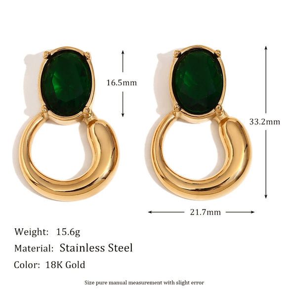 Wholesale Fashion Geometric Stainless Steel 18K Gold Plated Earrings For Women With Black And Green Zirconium