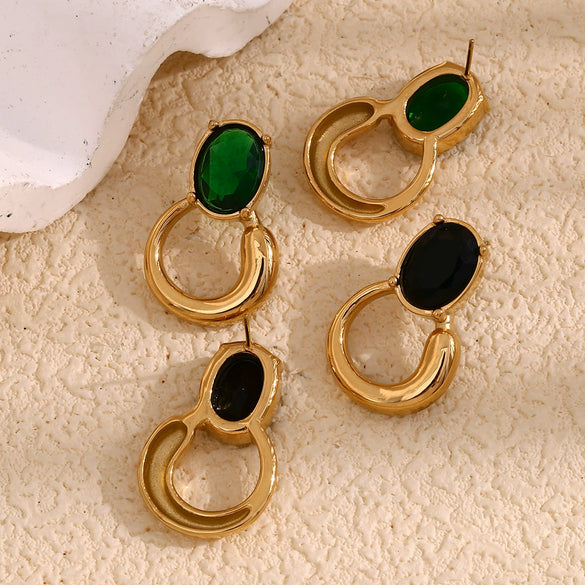 Wholesale Fashion Geometric Stainless Steel 18K Gold Plated Earrings For Women With Black And Green Zirconium