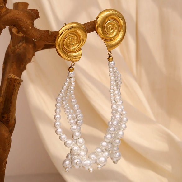 Wholesale Fashion Geometric Stainless Steel 18K Gold Plated Imitation Pearl Tassel Conch Earrings For Women