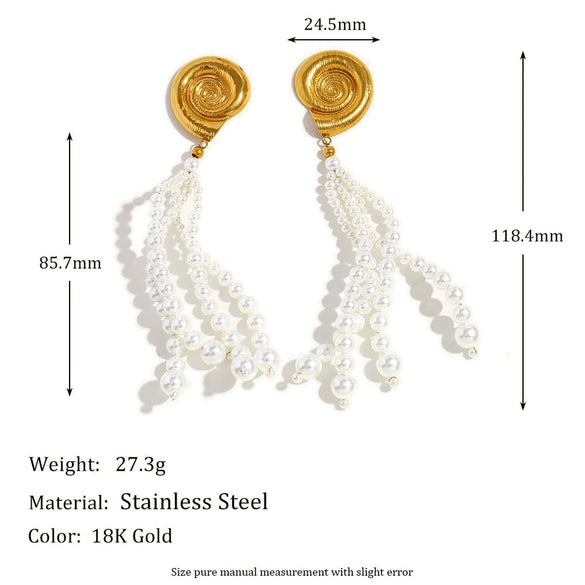 Wholesale Fashion Geometric Stainless Steel 18K Gold Plated Imitation Pearl Tassel Conch Earrings For Women