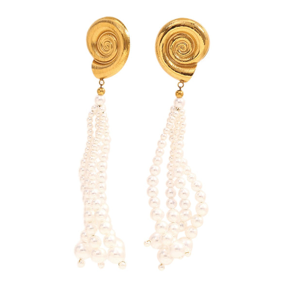 Wholesale Fashion Geometric Stainless Steel 18K Gold Plated Imitation Pearl Tassel Conch Earrings For Women
