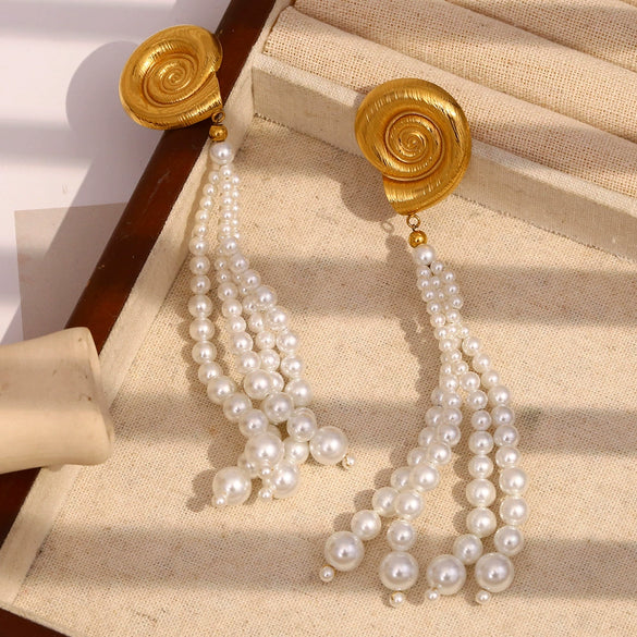 Wholesale Fashion Geometric Stainless Steel 18K Gold Plated Imitation Pearl Tassel Conch Earrings For Women