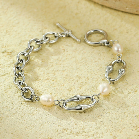 Wholesale Fashion Geometric Titanium Steel Bracelet Inlaid With Shell Beads 18K Goldplated For Women