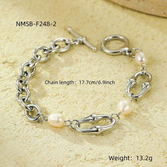 Wholesale Fashion Geometric Titanium Steel Bracelet Inlaid With Shell Beads 18K Goldplated For Women