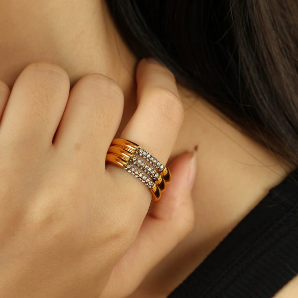 Wholesale Fashion Geometric 316L Stainless Steel 18K Gold Plated Zircon Set Ring For Women